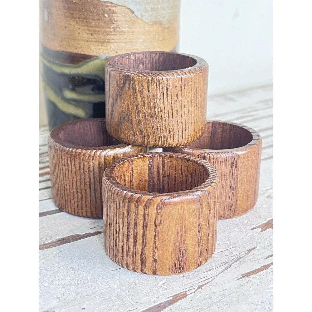 Vintage MCM Wooden Napkin Rings / Boho Vibe 1.25” / Glossy Taiwan (Set Of 4)